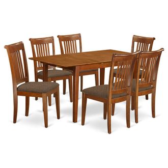East West Furniture PSPO7-SBR-C 7 Pc set Rectangular Kitchen Table featuring 12 Leaf and 6Fabric Kitchen Chairs in Saddle Brown