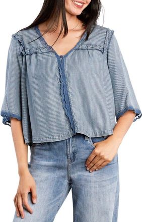 BILLY T Juliet Lace & Ruffle Cotton Blend Top in Railroad Stripe Denim at Nordstrom, Size X-Small