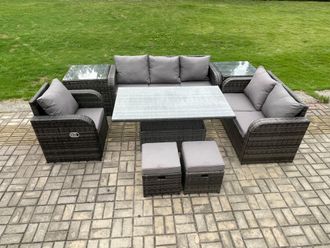 Fimous Rattan Outdoor Furniture Garden Dining Set Patio Height Adjustable Rising lifting Table Reclining Chair Sofa With 2 Small Footstools