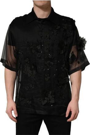 Dolce & Gabbana Floral Applique Sheer Short Sleeve Shirt - Dames - Casual Overhemden - Zwart - XL - Overhemden