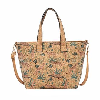 Generic Cork Print Multifunctional Tote Bag | Uni Bag with Designs, Adjustable Shoulder Strap, 36x24x15cm, Zippered Interior and Exterior Pockets (Brown Leopa