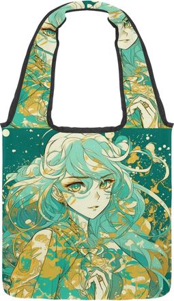 Generic Cartoon Girl Green Print Reversible Canvas Shoulder Tote - Double-Sided Print, 12oz Cotton, 27cm Drop, Fold-Flat Bag for Travel, Shopping, Street Outi