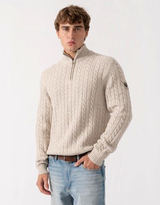 Belstaff Mens Belstaff Mens Westport Quarter Zip Cable Knit Jumper - Pale Stone - Cream - Size: 42