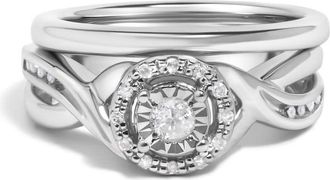 House of Brilliance 925 Sterling Silver 1/7 Cttw Diamond Halo Bypass Engagement Ring and Wedding Band Set