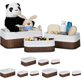 Relaxdays Relaxdays Storage Basket 4 Sets of 3, Fabric Lining, Bamboo, Rectangular, Bathroom & Bedroom Accessories, Toys, Brown