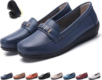 Generic Classic Womens Leather Loafers Lightweight Orthopedic Comfort Slip-On, Non-Slip Wedge Sole Work Walking Moccasins Shoes (3.5,Blue)