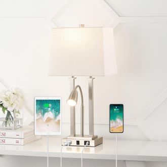 Jonathan Y Designs Blaire 23.75 2-Light Modern Farmhouse Metal LED Table Lamp with USB Charging port, Adjustable Reading Light and AC Outlet, Oil Rubbed Bronze