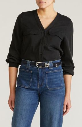 Universal Standard Cooling V-Neck Button-Up Shirt in Black at Nordstrom, Size Xl