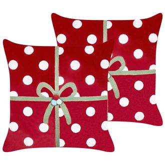 Beliani Conjunto De 2 Cojines De Tela De Terciopelo Con Motivo De Regalo De Navidad Rojo 45 X 45 Cm Gumdrop