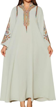 Generic Muslim Dress for Women Modern Turkish Style Embroidered Pullover Maxi Dress Modest Islamic Robe Caftan Loose Fit Dubai Outfits Light Green