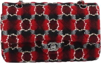 Chanel Classic Timeless Double Flap Quilted Tweed Red Tweed Handbag (Pre-Owned)