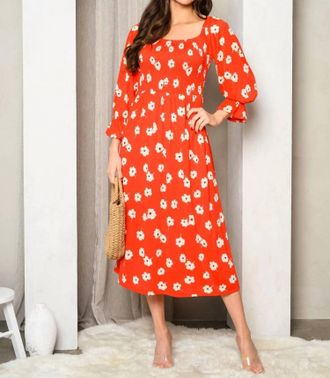 Sugarlips Smock Floral Midi Dress In Red Ivory