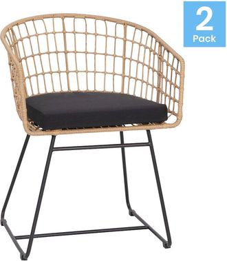Flash Furniture Set of 2 Patio Boho Club Chairs, Black Cushions and Sled Base