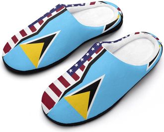 Generic US & Saint Lucia Flag Funny Mens Cotton Slippers Soft Non-Slip Rubber Sole House Slipper Indoor Outdoor