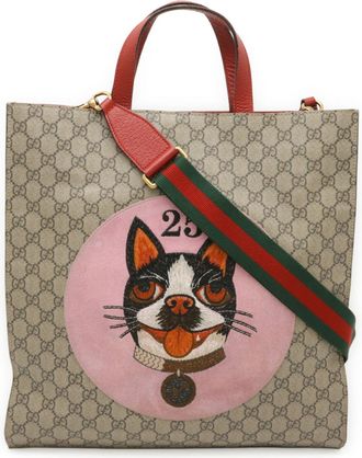 Gucci Beige Pink Red Color Gg Supreme Canvas Leather Shoulder Bag Tote Bag (Pre-Owned)