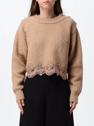 Chlo&eacute; Wool and Cashmere Crewneck Jumper with Lace Inserts at the Hem