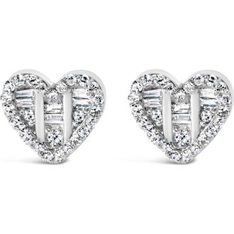 House of Brilliance Silver 1/2 Cttw Round and Baguette Diamond Composite Heart Shaped Stud Earring in White at Nordstrom