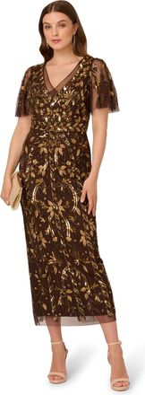 Adrianna Papell Womens Beaded Flutter Sleeve Dress - Brown - Size 12 UK