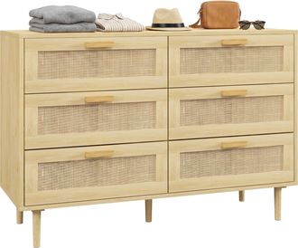 OEM C&oacute;moda Para Dormitorio Con 6 Cajones Con Frontal De Rat&aacute;n Patas De Madera Cajonera Estilo Bohemio 110x40x75 Cm Roble