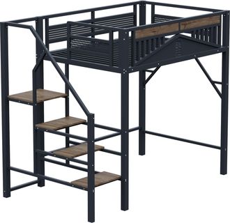 STILVORA Cama Alta Doble Con Escalera Segura, Almacenaje Y Barandilla, 140&times;200 Cm, Sin Colch&oacute;n, Negro