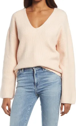 Treasure & Bond Womens Pink Rib Stitch V-Neck Sweater - Size Small