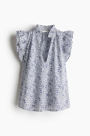 H&M Bluse mit Volants - Weiss/Blau Gebl&uuml;mt