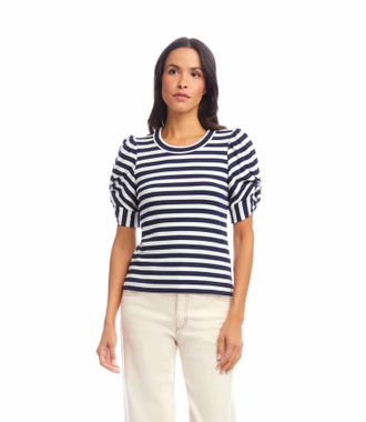 Karen Kane Nayeli Stripe Twist- Sleeve Top In Navy/white