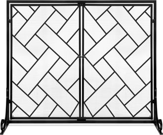 Best Choice Products 44x33in 2-Panel Handcrafted Wrought Iron Geometric Fireplace Screen w/ Magnetic Doors