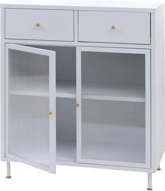 Hhg C&oacute;moda Hhg-442, Armario Aparador Aparador Alto, Compartimentos De Almacenamiento Cajones Industrial Metal Vidrio De Ca&ntilde;a 96x80x40cm, Blanco