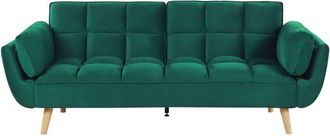 Beliani Sofá cama tapizado en tela de terciopelo verde 3 plazas patas de madera relleno de espuma espalda dividida relleno de galleta Asby