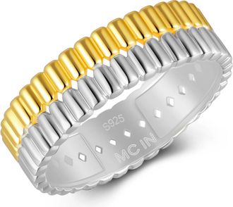 MAX + STONE 925 Sterling Silver 18K Gold Plated Two Tone Ribbed Ring