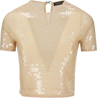 MUGLER short-sleeved sequinned blouse - women - Elastane/Polyamide - 36 - Neutrals