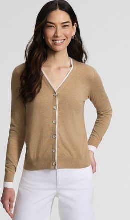 Lands End Double Trim Cotton V Neck Cardigan Sweater in Vicuna Heather/white at Nordstrom, Size X-Small