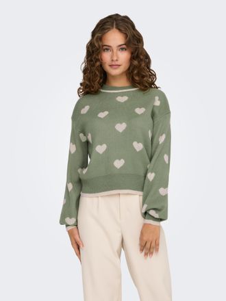 Jacqueline de Yong Rundhalspullover JDY JDYROMANCE L/S JACQ. PULLOVER KNT NOOS, Damen, Gr. XS, gr&uuml;n (sea spray detail:w tapioca heart jacquard), Strick, Obermaterial: 10
