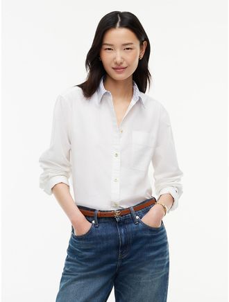 Tommy Hilfiger Womens Boxy Fit Gold-Button Poplin Shirt - Optic White - XL