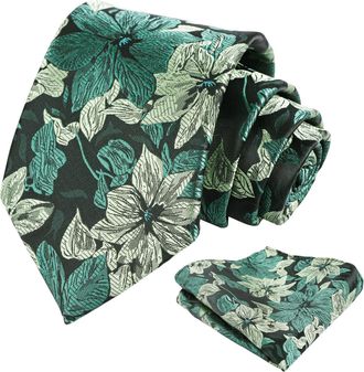 Alizeal Mens Tie with Hanky Set Floral Silky for Wedding Party Necktie and Handkerchief Set, Green+Sage