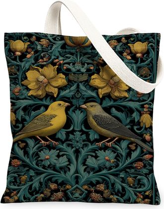 Generic Vintage Floral Canvas Tote Bags, Birds and Flowers Pattern Reusable Bags, Lightweight Washable Canvas for Travel Beach, Black, 13x15 Inch