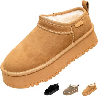 Generic New Womens Winter Platform Slippers, Genuine Suede Slip-On Ankle Boots, Warm Comfortable Plush Fur Lined House Shoes Snow Boots for Indoor Outdoor,Cam