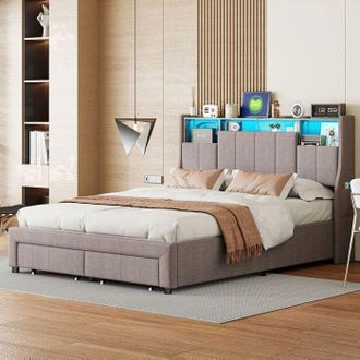 OEM Estructura De Cama 140x200 Cm Gris Con Led, Puerto Usb Y Grandes Espacios De Almacenamiento - Estilo Escandinavo