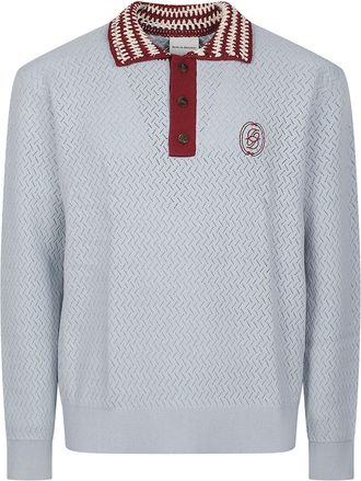 Dr&ocirc;le de Monsieur Embroidered Logo Openwork Knit Long-Sleeve Cotton Polo Shirt