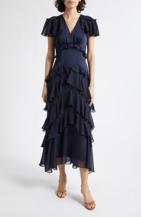 Cinq &agrave; Sept Tatum Ruffle Maxi Dress in Navy at Nordstrom, Size 00