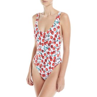 Milly Classic Deep Side Scoop Tank One Piece Swimsuit In Cherry Multi