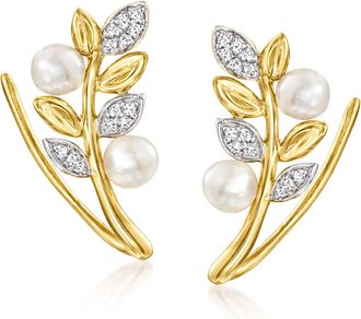 Ross-Simons 3.5-4mm Cultured Pearl Leaf Ear Climbers With Diamonds in 14kt Yellow Gold