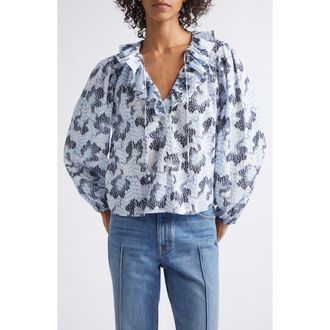 Ulla Johnson Siena Abstract Print Ruffle Collar Top in Ciel at Nordstrom, Size 14