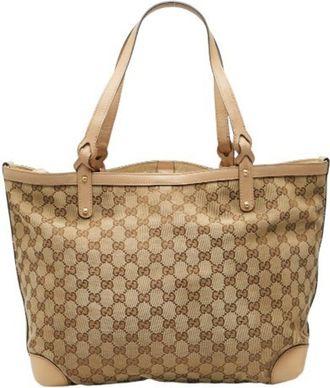 Gucci Gg Canvas Beige Brown Gg Canvas Leather Tote Bag (Pre-Owned)
