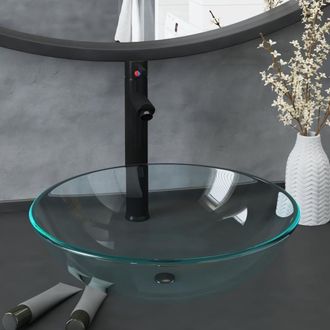 Berkfield Home Bathroom Sink with Tap & Push Drain Clear Tempered Glass in Black