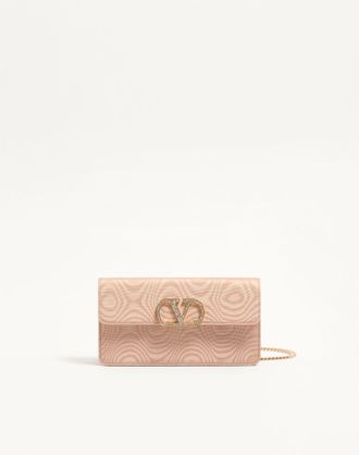 Valentino Garavani VLogo Signature Chain Wallet In Moir&eacute; Fabric With Jewel Logo Woman PINK/CRYSTAL UNI