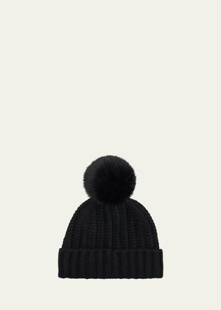Sofiacashmere Braided Knit Cashmere Beanie With Faux Fur Pom
