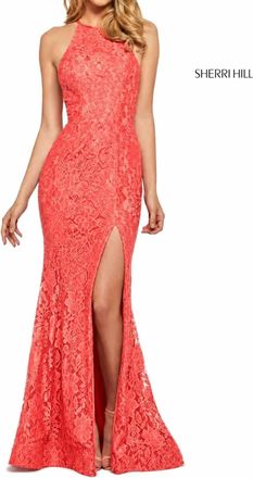 Sherri Hill Stretch Lace High Slit Halter Gown Dress In Coral