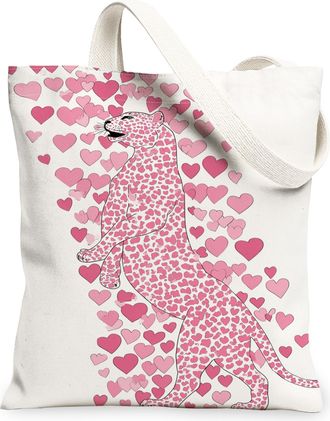 Generic Peach Leopard Canvas Tote Bags, Heart Pattern Reusable Grocery Bags, ValentineS Day Lightweight Washable Shoulder Strap Ca, Peach, 13x15 Inch